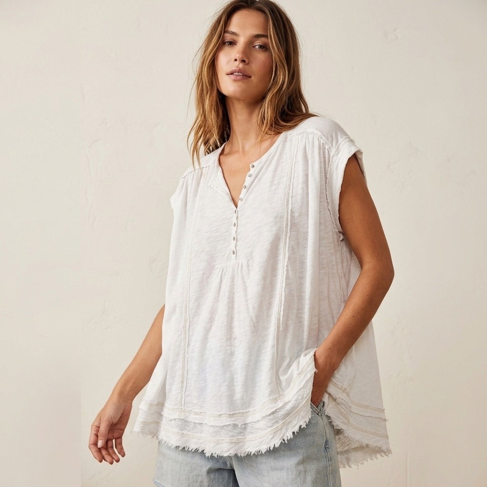 Free People White Henley Tunic Sleeveless Raw Hem Boho Slub Knit Top Large